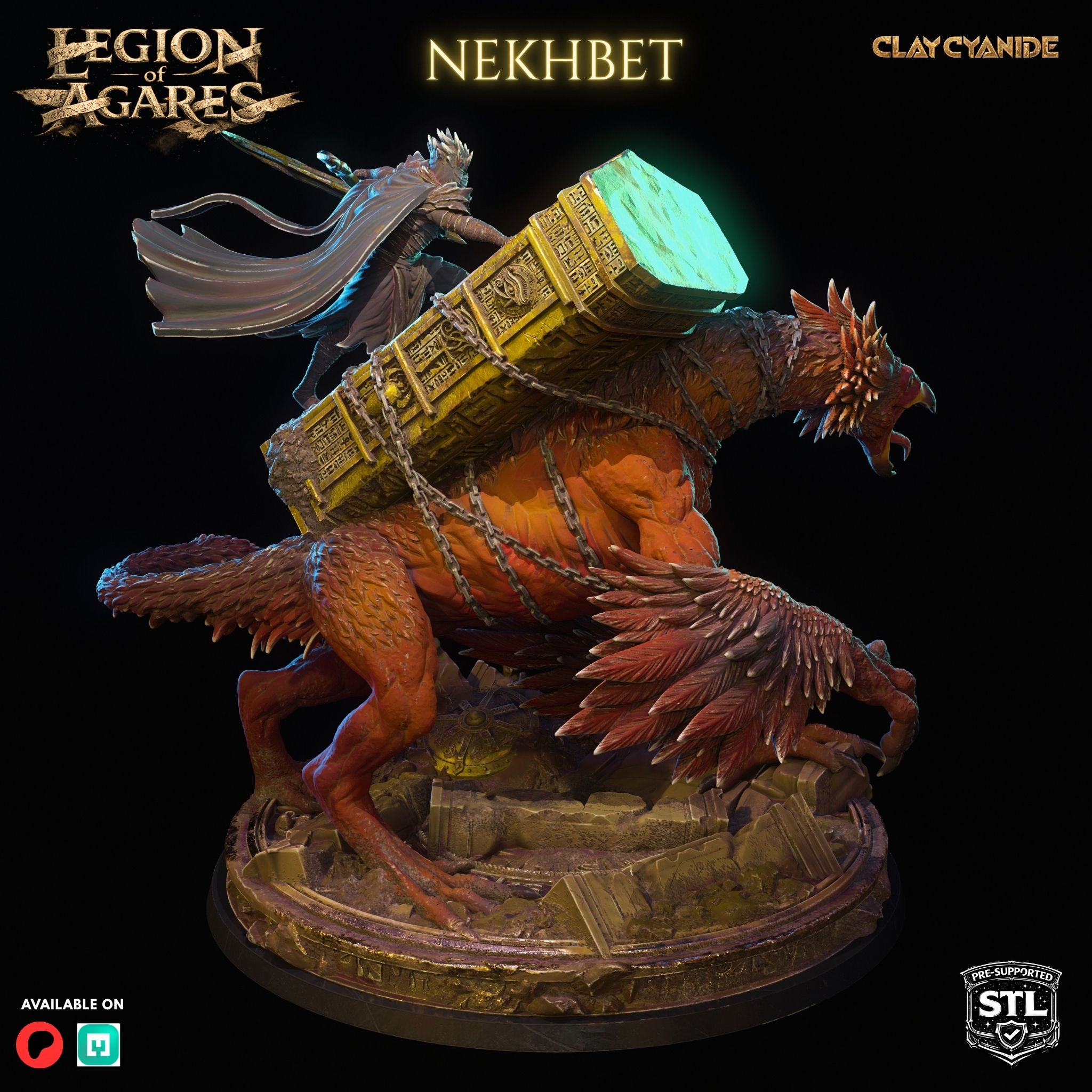 Nekhbet miniature STL rear view — sarcophagus-hammer detail, Clay Cyanide